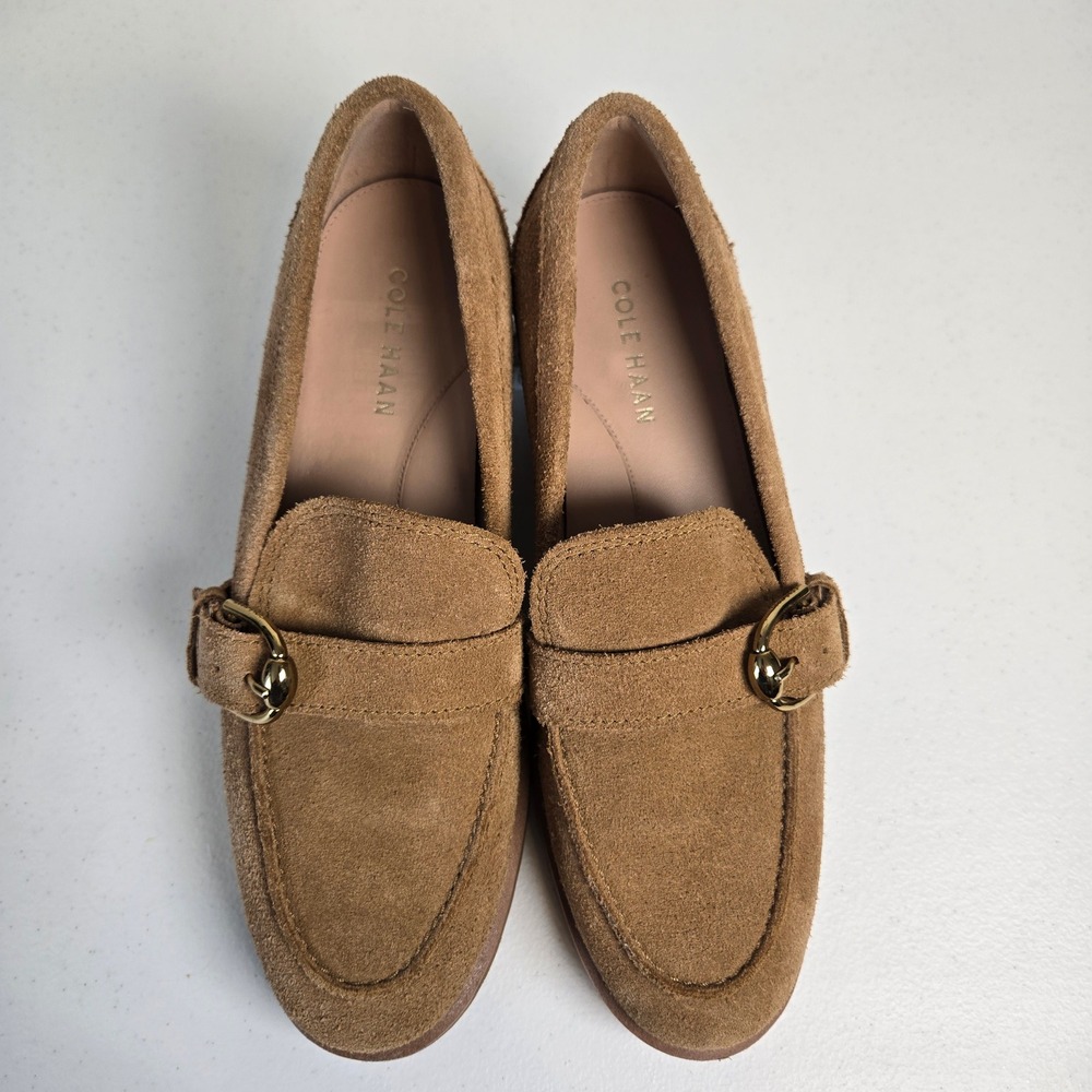 Cole Haan Women's Camel Suede Loafers with Gold Buckle